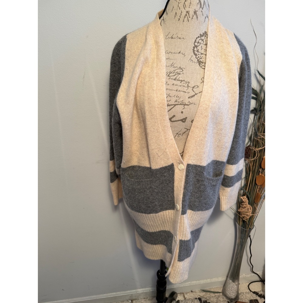 Bern Conrad Womens Lambswool Angora Striped Longline Cardigan Sweater Grey Cream